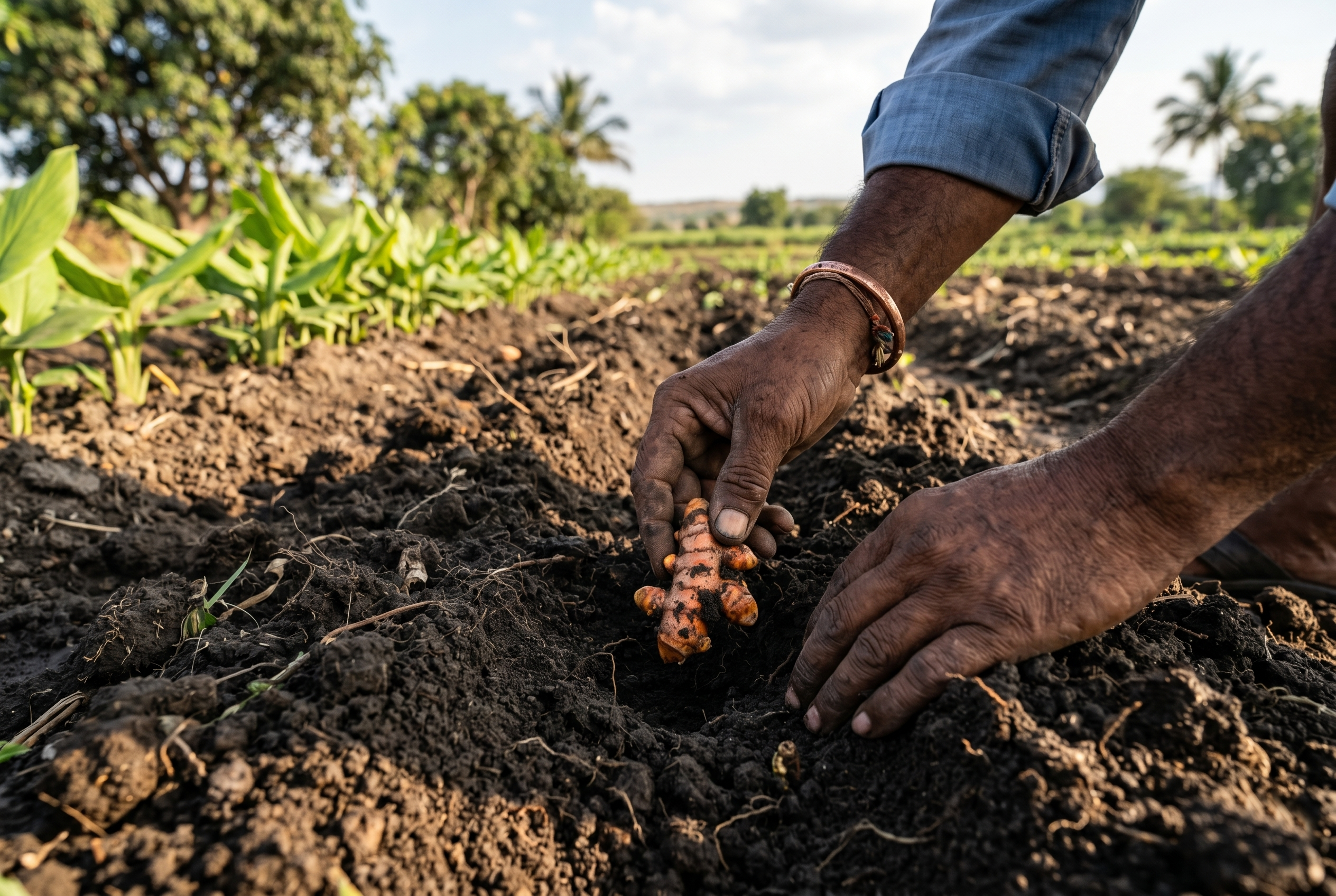 Indian farmer's hands planting turmeric rhizomes in organic farm soil