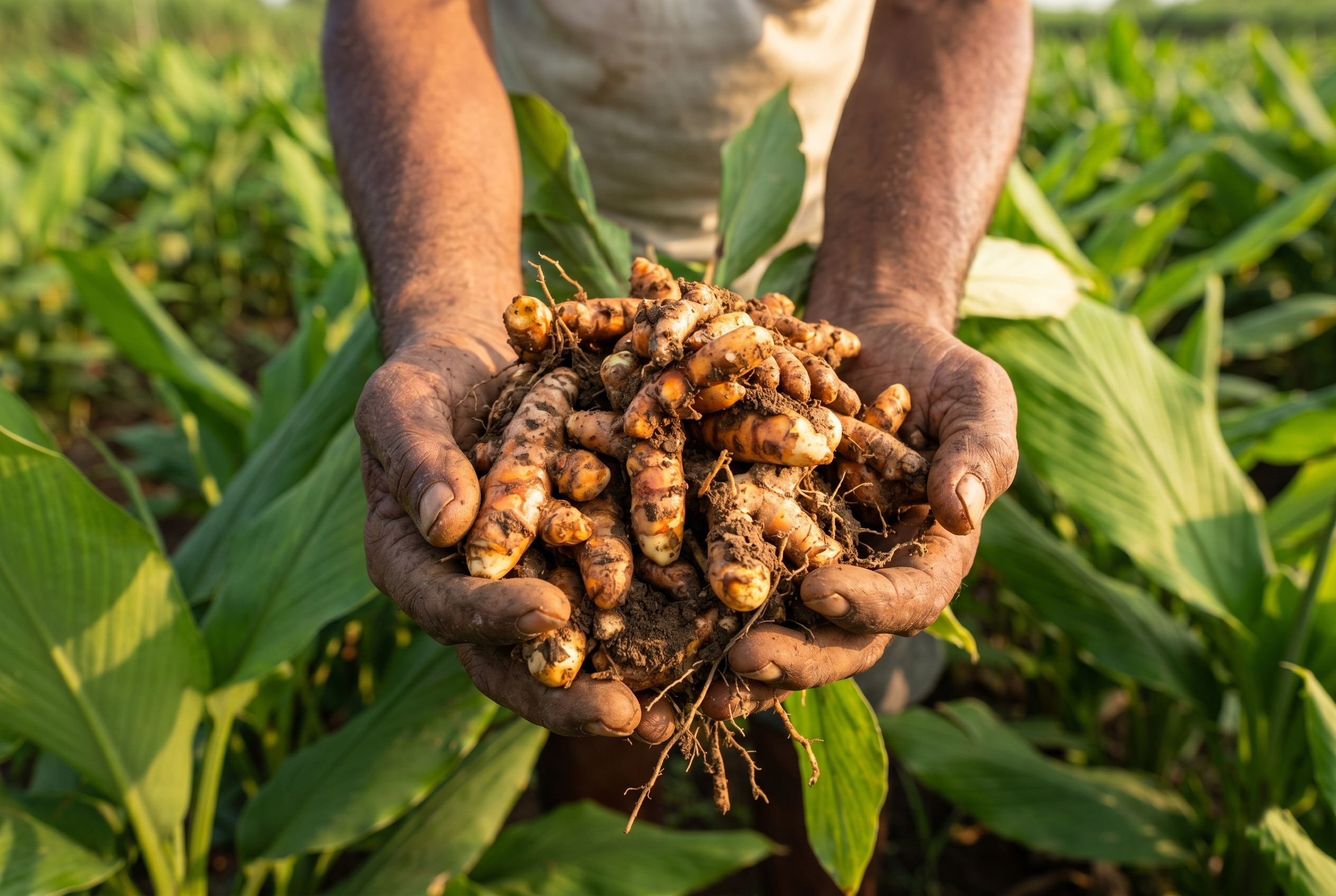 Weathered farmer's hands holding raw organic turmeric rhizomes