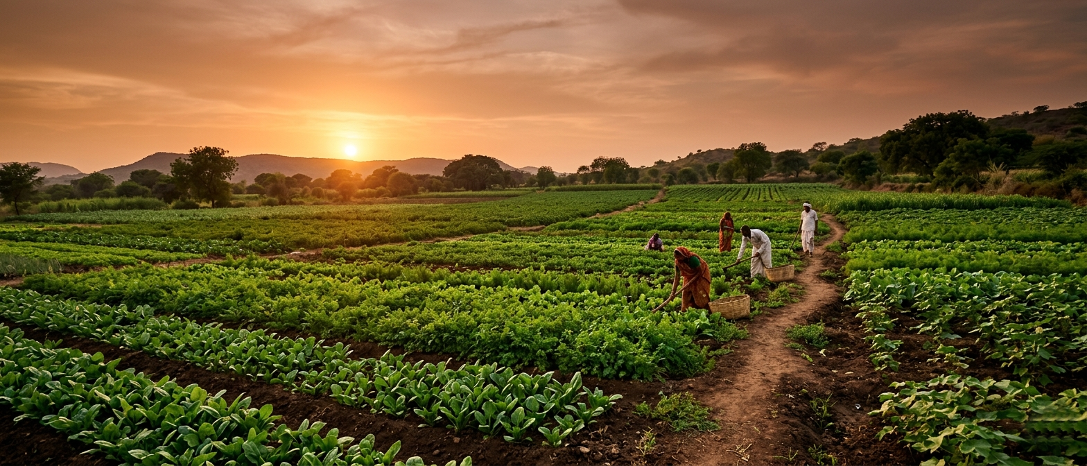Peaceful organic farm in Gujarat at golden hour