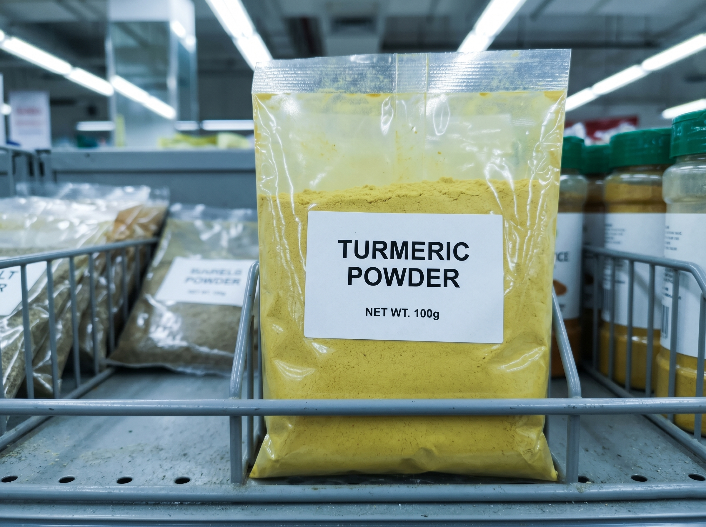 Bright yellow commercial turmeric in plastic packets on a supermarket shelf