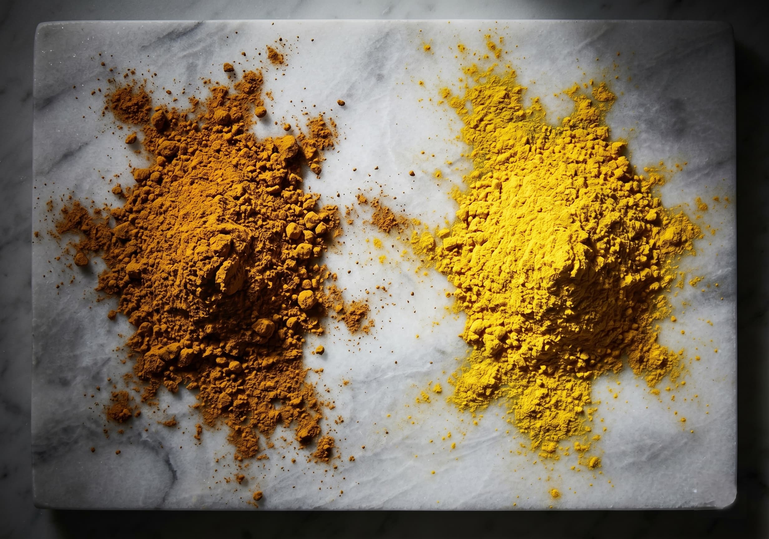 Bright commercial turmeric vs dark organic HAARIDRA — overhead comparison