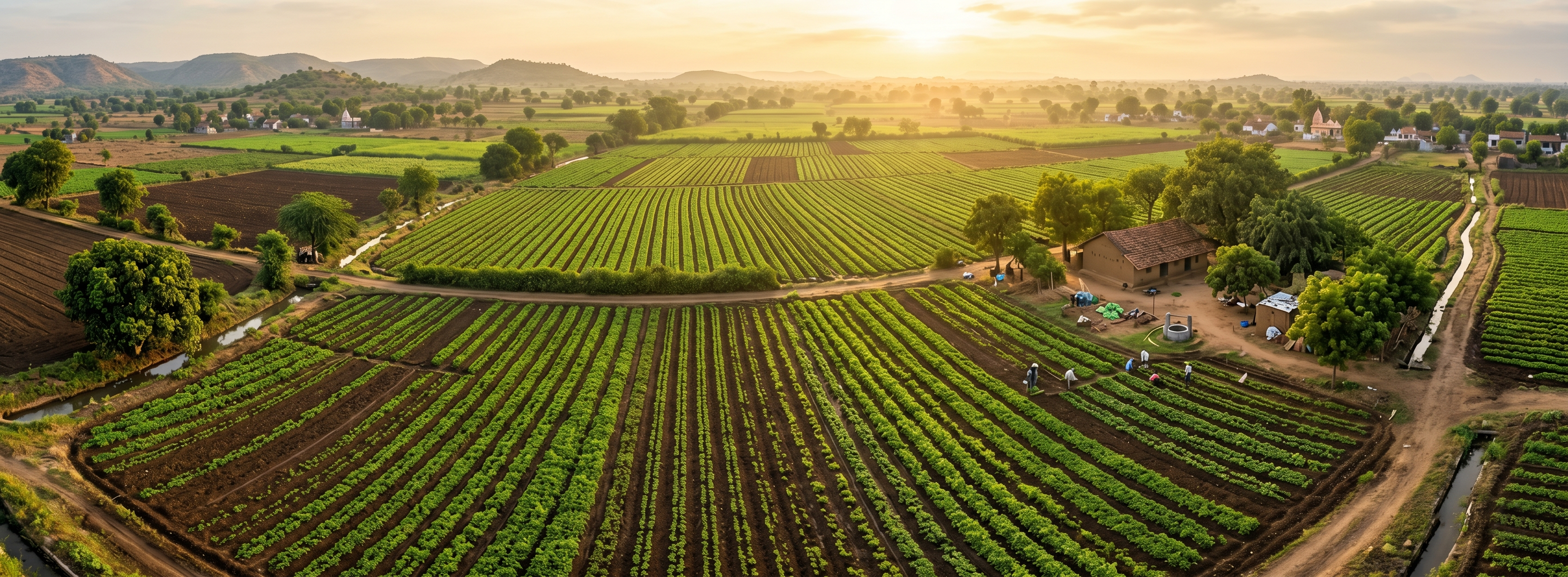 Organic farm field in Gujarat — early morning golden light