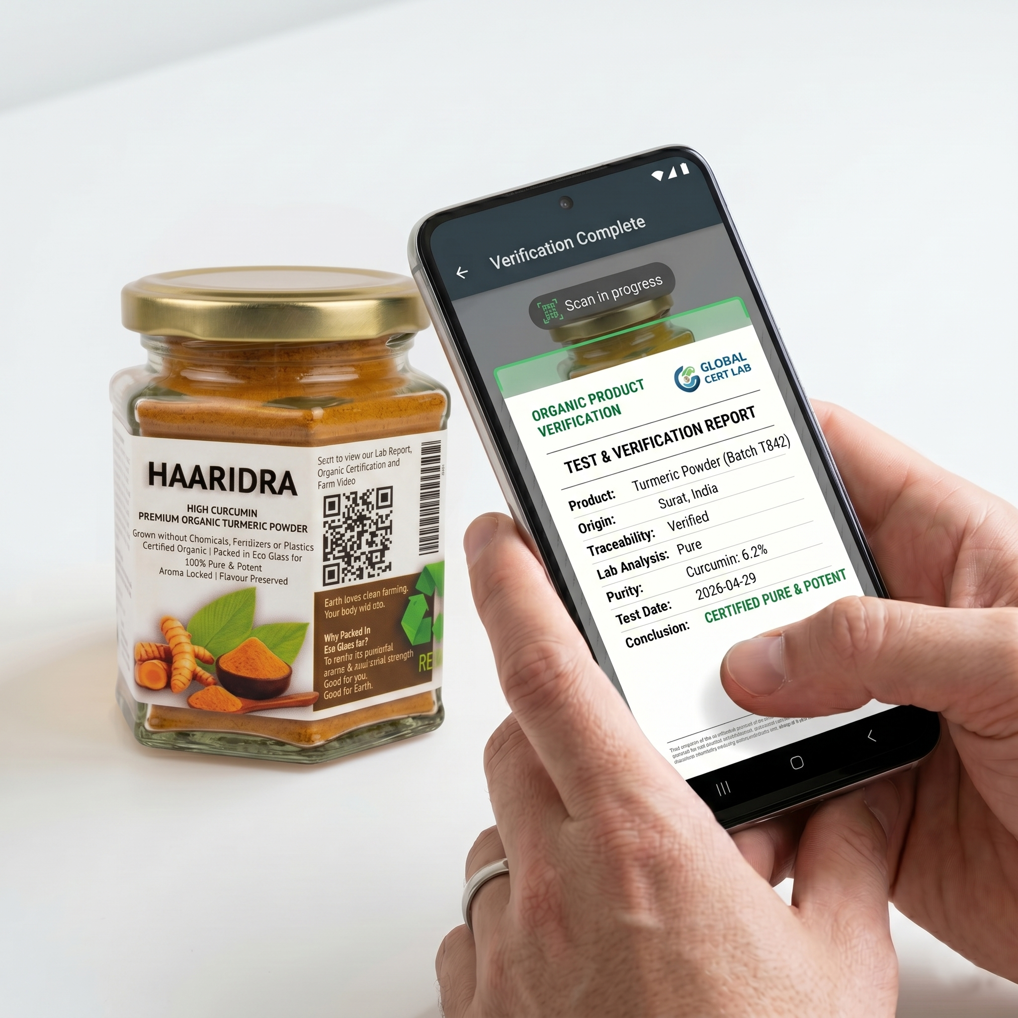 Scanning QR code on HAARIDRA jar to view lab report