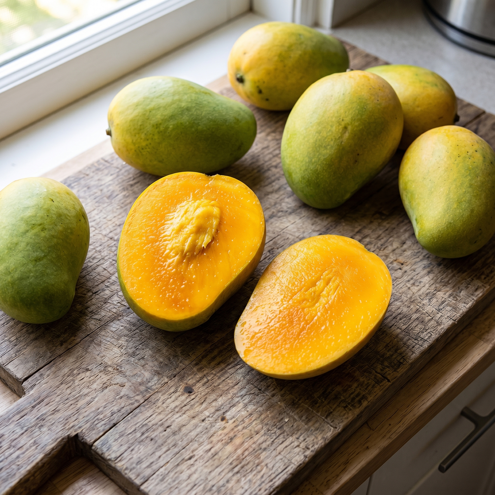 Kesar mango cut in half โ deep saffron-orange flesh