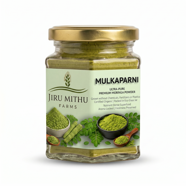 MULKAPARNI Organic Moringa — hexagonal glass jar